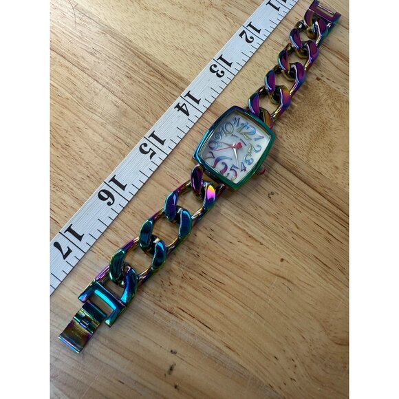 Betsey Johnson Womens Iridescent Oil Slick Chain Link Watch With Square Face - Picture 9 of 12